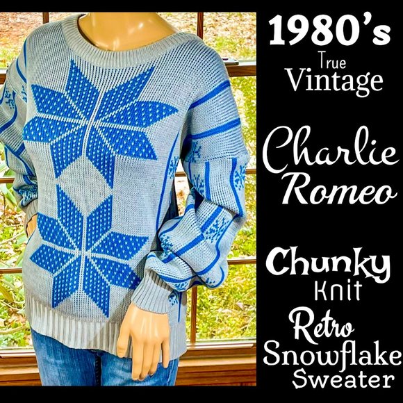Vintage Sweaters - ▪️VTG▪️CHARILE ROMEO▪️1980's Gray & Blue Retro Snowflake & Stripe Sweater